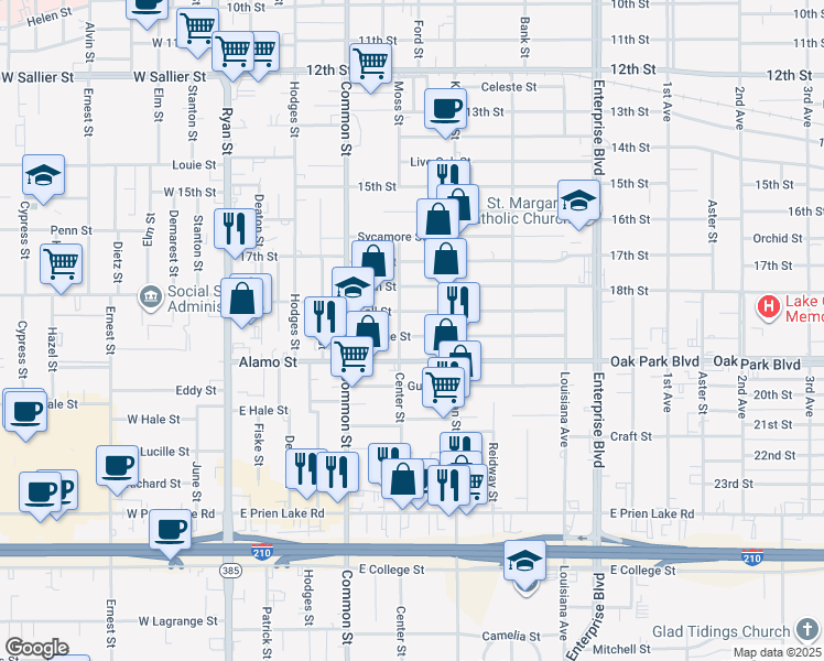 map of restaurants, bars, coffee shops, grocery stores, and more near 706 Orange Street in Lake Charles