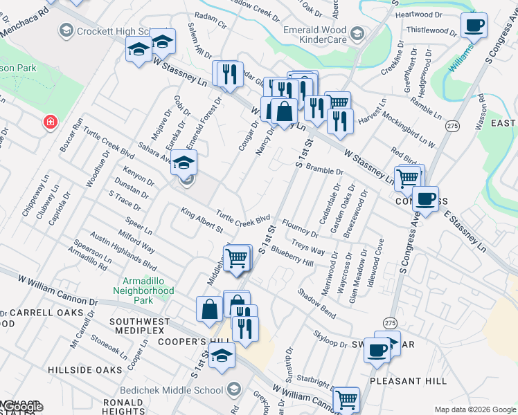 map of restaurants, bars, coffee shops, grocery stores, and more near 6009 Leisure Run Road in Austin