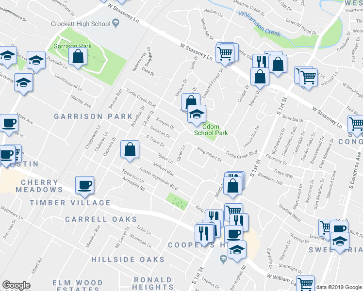 map of restaurants, bars, coffee shops, grocery stores, and more near 6302 Okner Lane in Austin