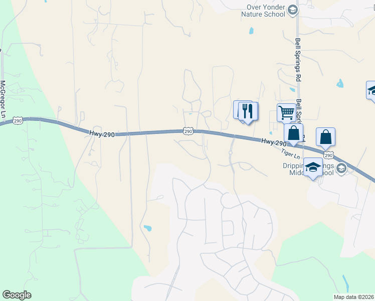 map of restaurants, bars, coffee shops, grocery stores, and more near 2751 U.S. 290 in Dripping Springs