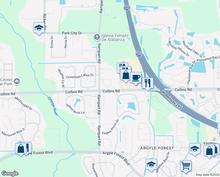 map of restaurants, bars, coffee shops, grocery stores, and more near 7254 Longhorn Circle South in Jacksonville