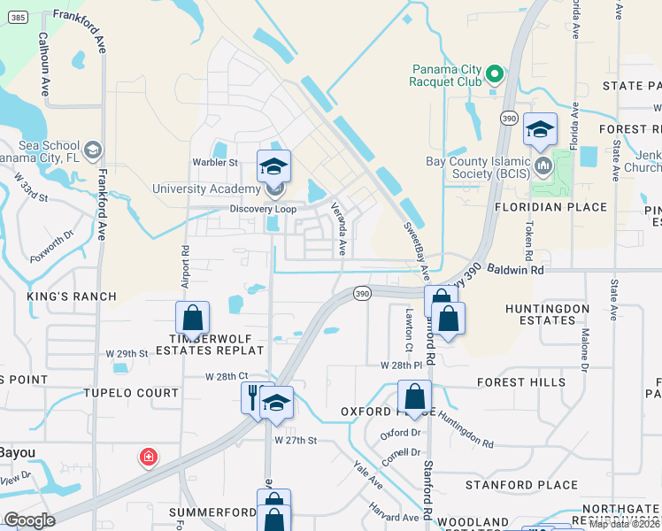 map of restaurants, bars, coffee shops, grocery stores, and more near 3716 Airport Drive in Panama City