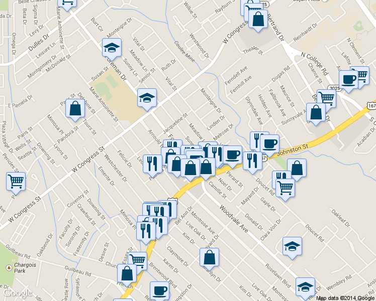 map of restaurants, bars, coffee shops, grocery stores, and more near 116 Foreman Drive in Lafayette