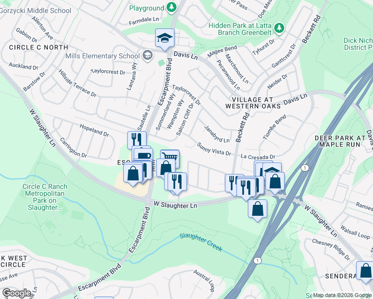 map of restaurants, bars, coffee shops, grocery stores, and more near 9227 Ridgewell Place in Austin