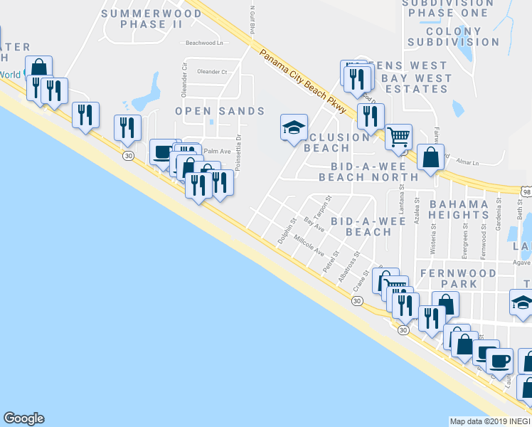 map of restaurants, bars, coffee shops, grocery stores, and more near 14304 Millcole Avenue in Panama City Beach