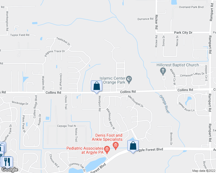 map of restaurants, bars, coffee shops, grocery stores, and more near 7917 Collins Bay Court in Jacksonville