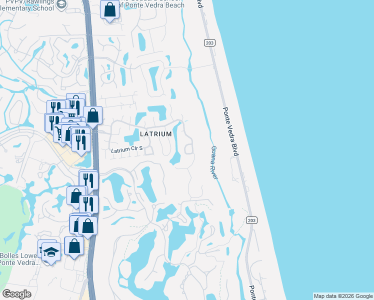 map of restaurants, bars, coffee shops, grocery stores, and more near 444 La Reserve Circle in Ponte Vedra Beach