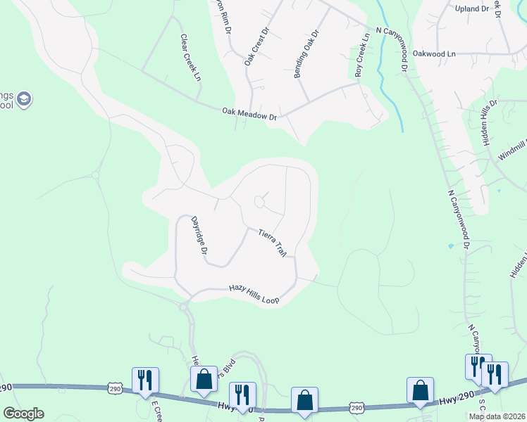 map of restaurants, bars, coffee shops, grocery stores, and more near 260 Tierra Trail in Dripping Springs