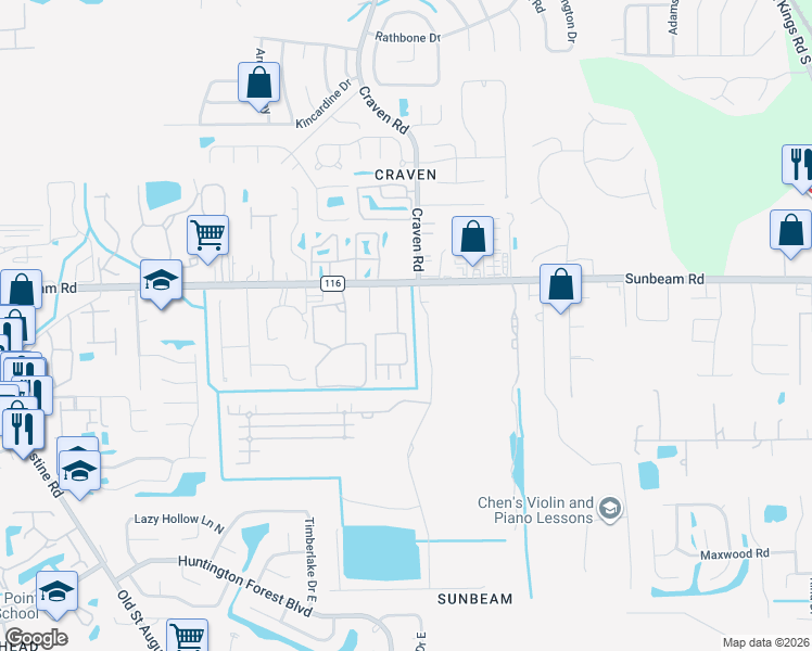 map of restaurants, bars, coffee shops, grocery stores, and more near 9555 Armelle Way in Jacksonville