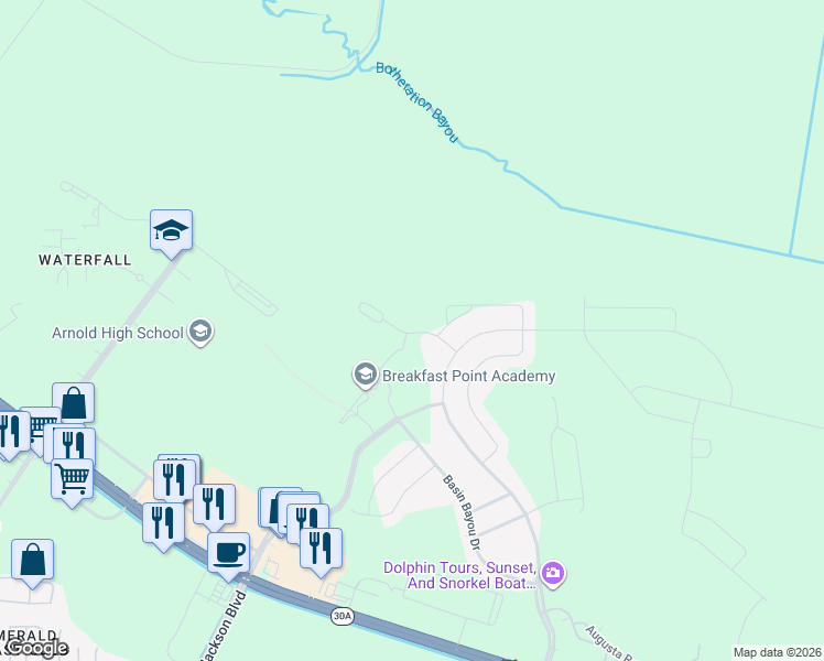 map of restaurants, bars, coffee shops, grocery stores, and more near 602 Breakfast Point Boulevard in Panama City Beach