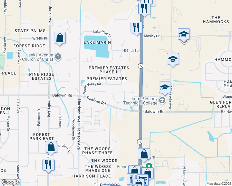 map of restaurants, bars, coffee shops, grocery stores, and more near 1605 Baldwin Rowe Circle in Panama City