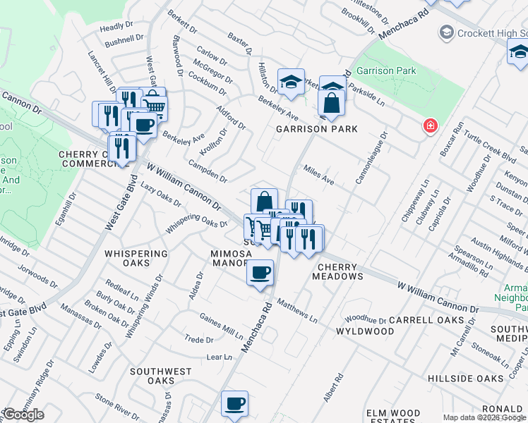 map of restaurants, bars, coffee shops, grocery stores, and more near 2100 West William Cannon Drive in Austin