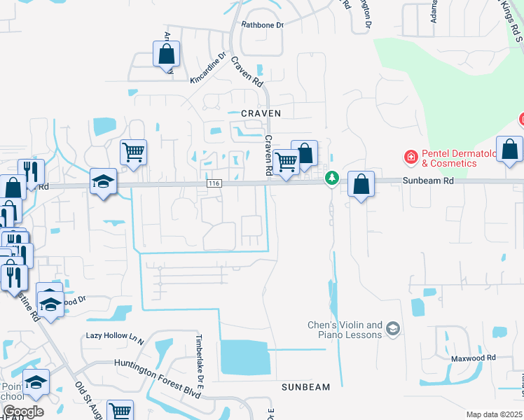 map of restaurants, bars, coffee shops, grocery stores, and more near 9548 Craven Road in Jacksonville