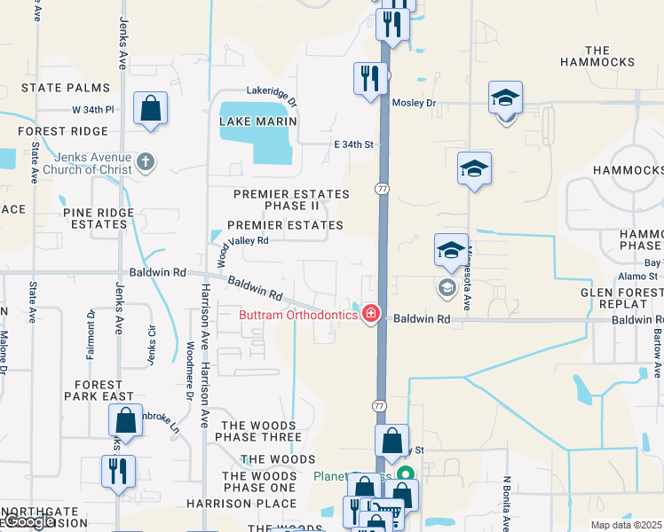 map of restaurants, bars, coffee shops, grocery stores, and more near 631 East Baldwin Road in Panama City