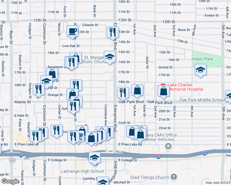 map of restaurants, bars, coffee shops, grocery stores, and more near 2811 Enterprise Boulevard in Lake Charles