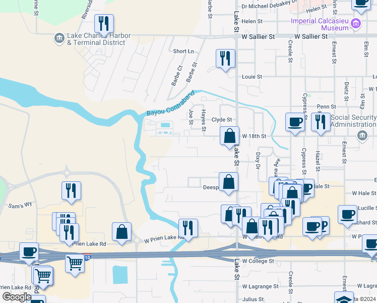 map of restaurants, bars, coffee shops, grocery stores, and more near 1217 Giovanni Street in Lake Charles
