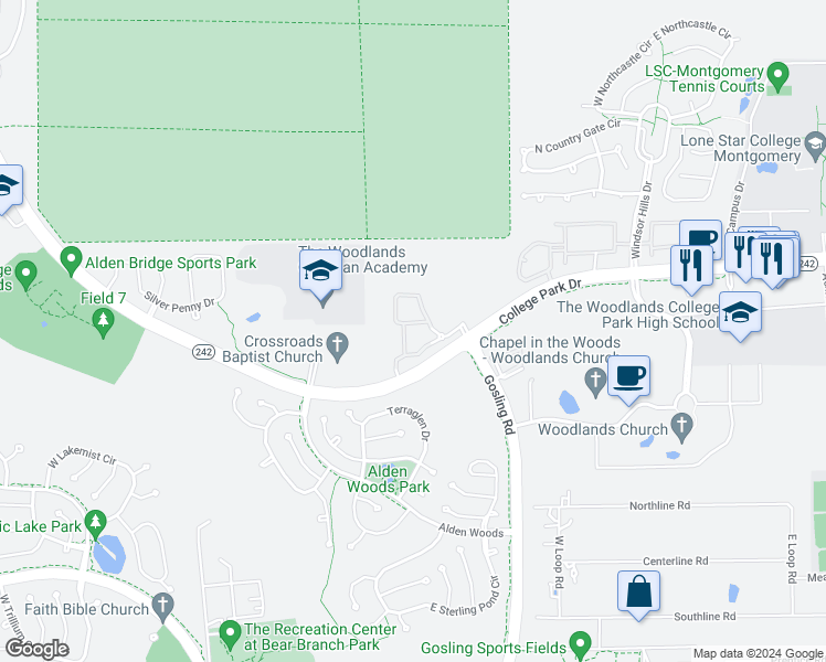 map of restaurants, bars, coffee shops, grocery stores, and more near 4400 College Park Drive in The Woodlands