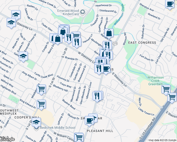 map of restaurants, bars, coffee shops, grocery stores, and more near 210 Ainsworth Street in Austin