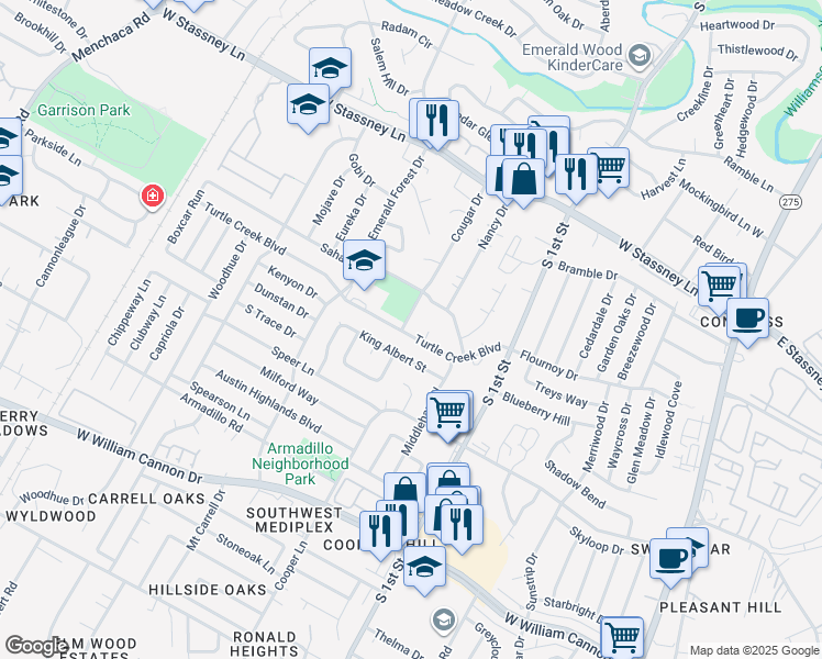 map of restaurants, bars, coffee shops, grocery stores, and more near 821 Turtle Creek Boulevard in Austin