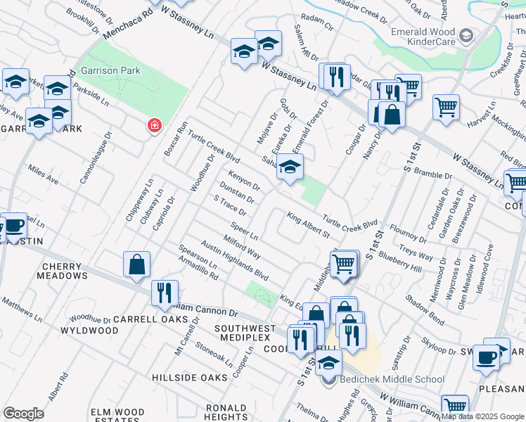 map of restaurants, bars, coffee shops, grocery stores, and more near 6302 Okner Lane in Austin