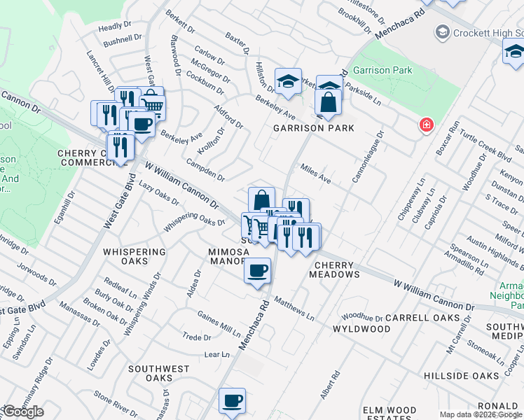 map of restaurants, bars, coffee shops, grocery stores, and more near 2100 West William Cannon Drive in Austin