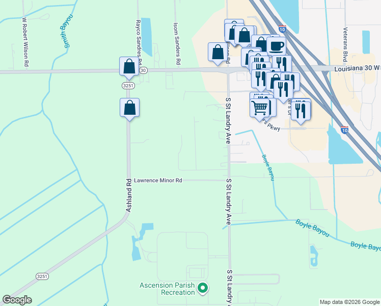 map of restaurants, bars, coffee shops, grocery stores, and more near 9289 Mark Pierce Road in Gonzales