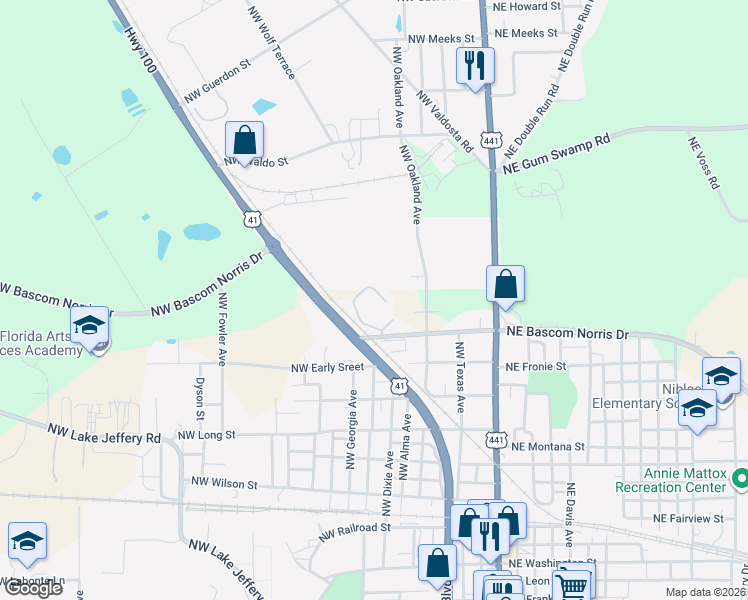 map of restaurants, bars, coffee shops, grocery stores, and more near 377 Northwest Bascom Norris Drive in Lake City
