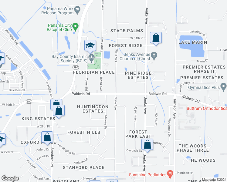 map of restaurants, bars, coffee shops, grocery stores, and more near 3101 State Avenue in Panama City