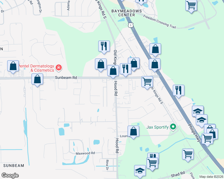 map of restaurants, bars, coffee shops, grocery stores, and more near 9605 Hood Road south in Jacksonville