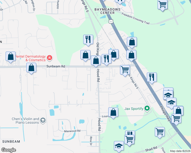map of restaurants, bars, coffee shops, grocery stores, and more near 9556 Hood Road in Jacksonville