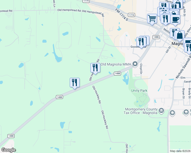 map of restaurants, bars, coffee shops, grocery stores, and more near 31608 Old Hempstead Road in Magnolia