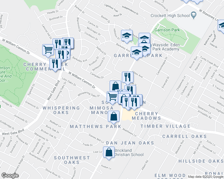 map of restaurants, bars, coffee shops, grocery stores, and more near 6804 Shier Cove in Austin