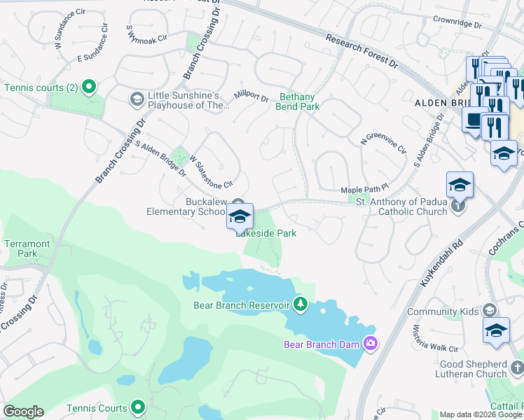 map of restaurants, bars, coffee shops, grocery stores, and more near 4909 Alden Bridge Drive in The Woodlands