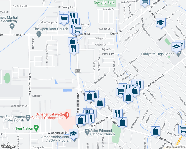 map of restaurants, bars, coffee shops, grocery stores, and more near 300 Case Lane in Lafayette