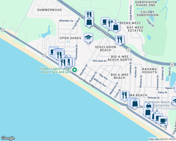 map of restaurants, bars, coffee shops, grocery stores, and more near 506 Anemone Street in Panama City Beach
