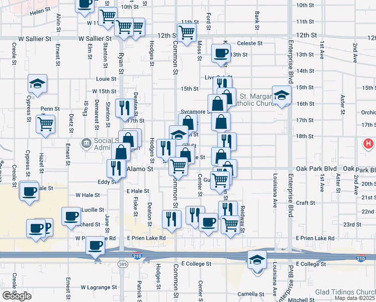 map of restaurants, bars, coffee shops, grocery stores, and more near 2711 Common Street in Lake Charles