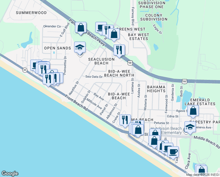 map of restaurants, bars, coffee shops, grocery stores, and more near 13905 Pelican Street in Panama City