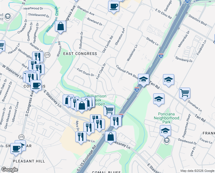 map of restaurants, bars, coffee shops, grocery stores, and more near 5319 Presidio Road in Austin