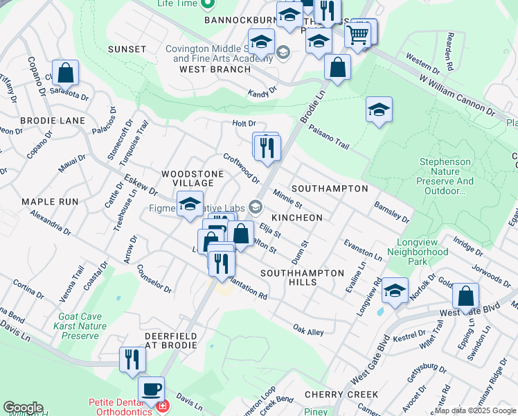 map of restaurants, bars, coffee shops, grocery stores, and more near 3418 Elija Street in Austin