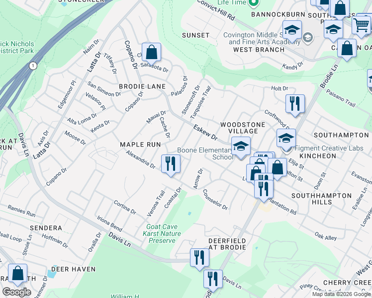 map of restaurants, bars, coffee shops, grocery stores, and more near 4000 Lillian Lane in Austin