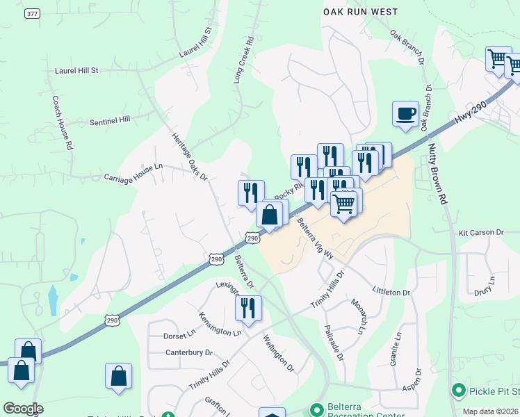 map of restaurants, bars, coffee shops, grocery stores, and more near Four Star Boulevard in Austin