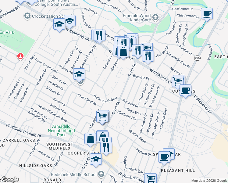 map of restaurants, bars, coffee shops, grocery stores, and more near 6009 Leisure Run Road in Austin