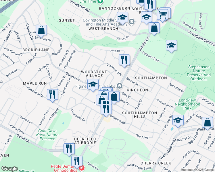 map of restaurants, bars, coffee shops, grocery stores, and more near 7902 Whitsun Drive in Austin