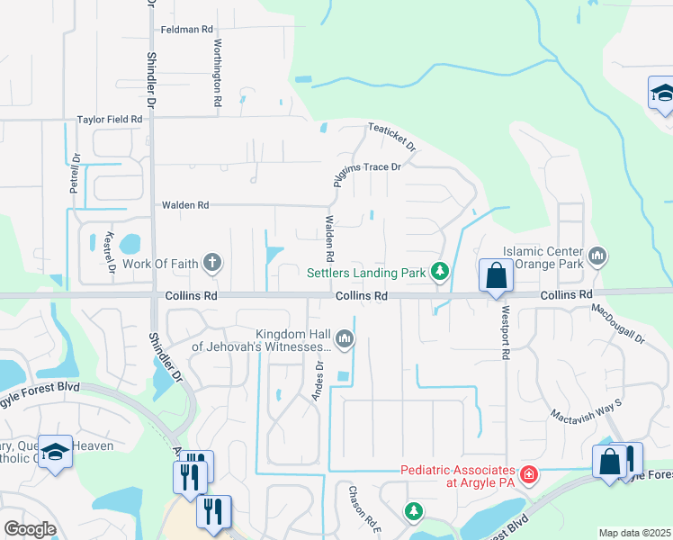 map of restaurants, bars, coffee shops, grocery stores, and more near 7587 Walden Road in Jacksonville