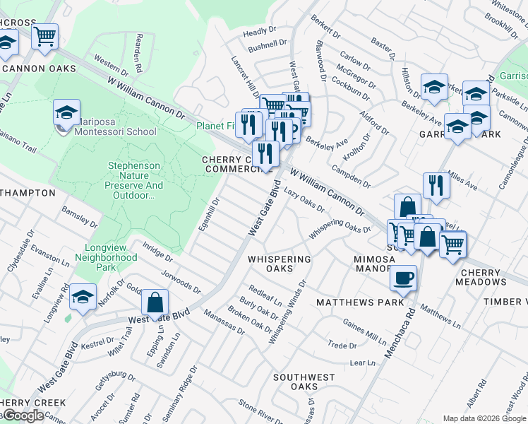 map of restaurants, bars, coffee shops, grocery stores, and more near 2701 Alderwood Drive in Austin