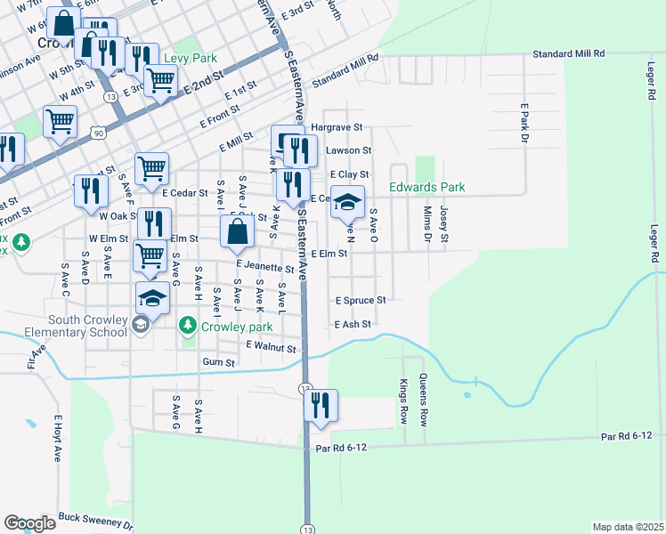 map of restaurants, bars, coffee shops, grocery stores, and more near 901-999 E Elm St in Crowley