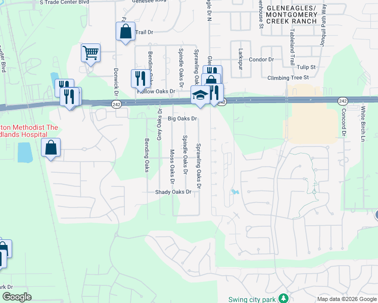 map of restaurants, bars, coffee shops, grocery stores, and more near 17114 Spindle Oaks Drive in Conroe