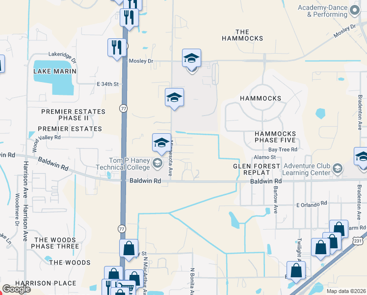 map of restaurants, bars, coffee shops, grocery stores, and more near 3120 Minnesota Avenue in Lynn Haven