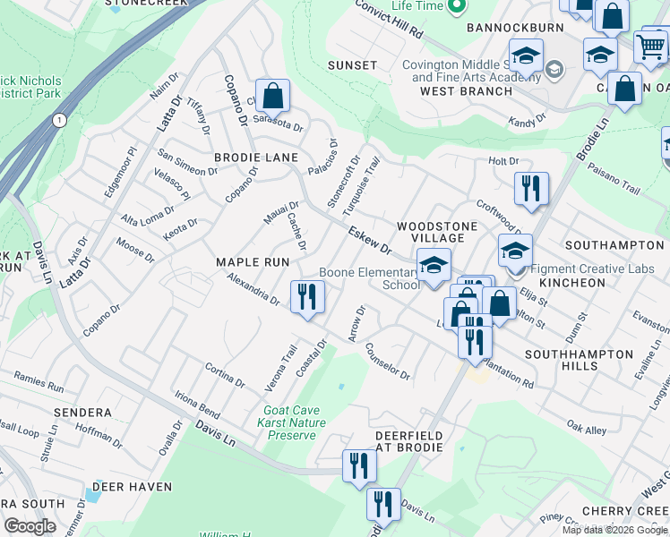 map of restaurants, bars, coffee shops, grocery stores, and more near 8106 Cattle Drive in Austin