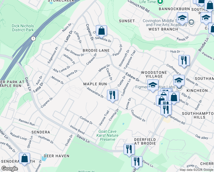 map of restaurants, bars, coffee shops, grocery stores, and more near 8206 Los Ranchos Drive in Austin